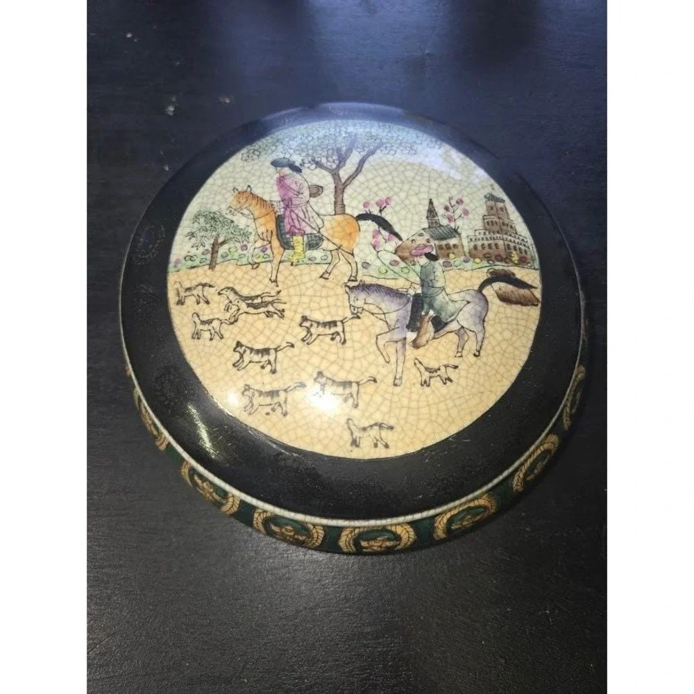 Vintage Chinese Crackle Glaze Decorative Plate Fox Hunt and Matching Bowl w/ Lid